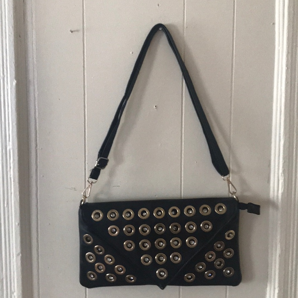 Vegan, black, gold and studded bag.